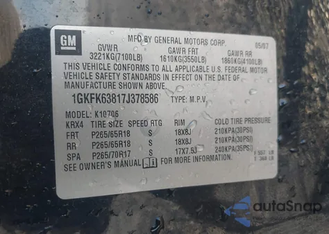 2007 GMC Yukon Denali из США, поврежденный, VIN 1GKFK63817J378586